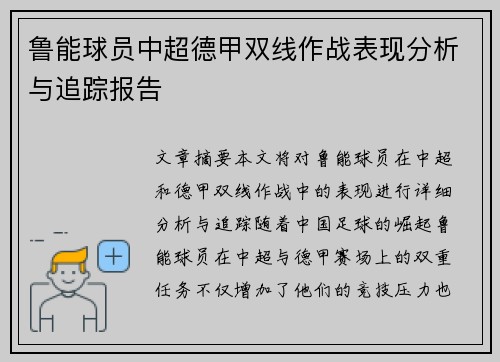 鲁能球员中超德甲双线作战表现分析与追踪报告