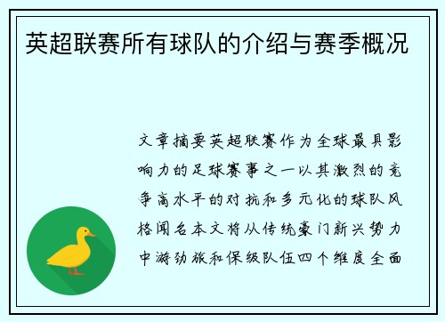 英超联赛所有球队的介绍与赛季概况